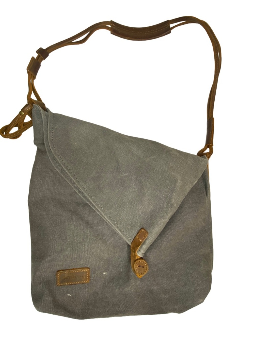 Tom Clovers Gray Canvas Leather Strap Lined Messenger Crossbody Tote Bag